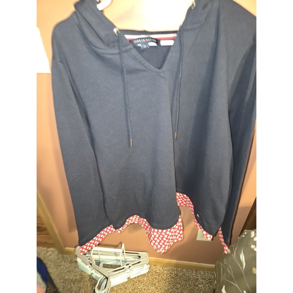 Tommy Hilfiger Navy Hoodie Women 2XL red white floral trim